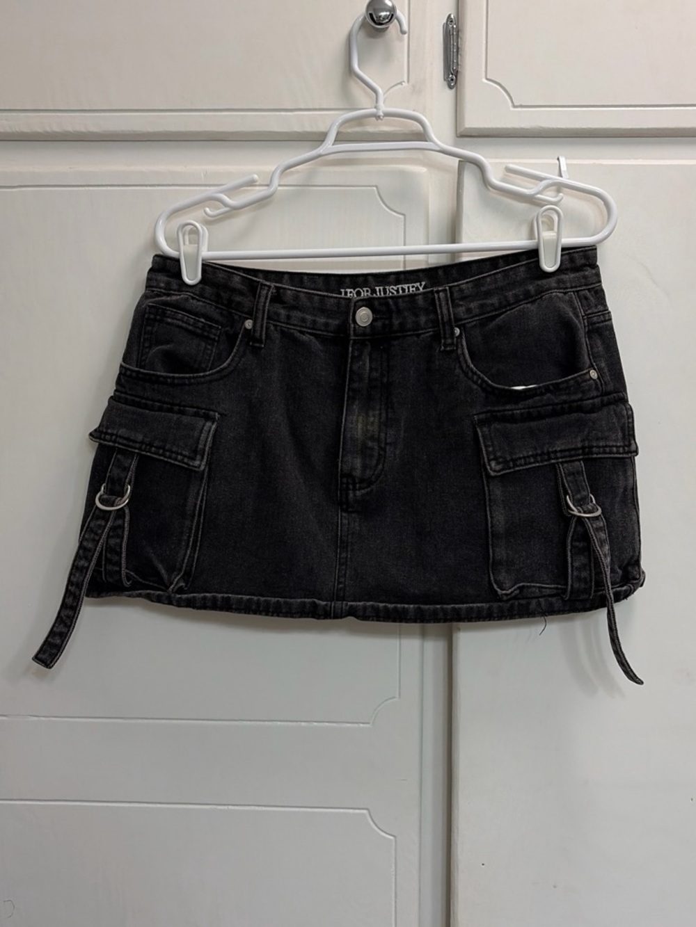 J for Justify Black Denim Cargo Mini Skirt with Strap and Ring Details